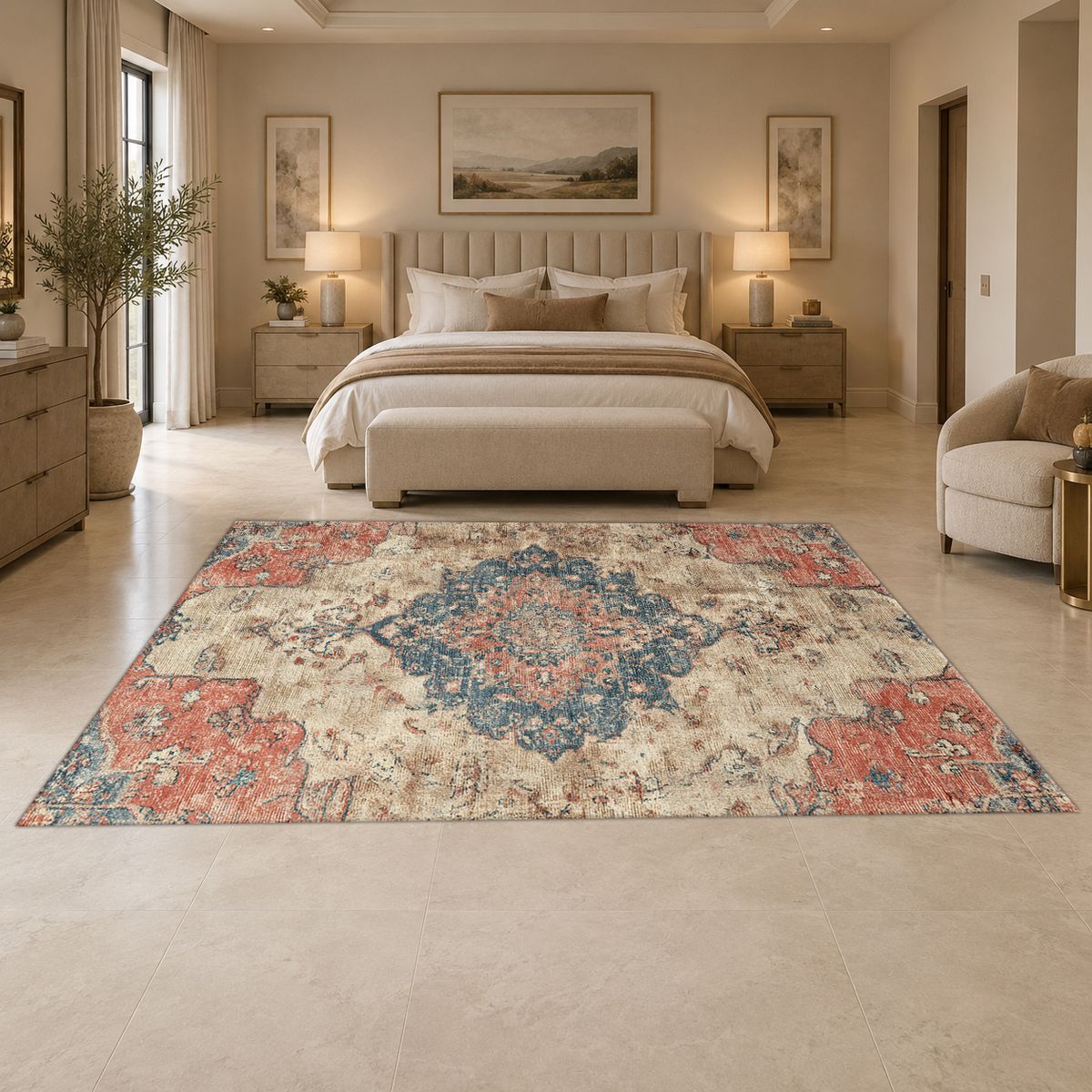 Faded Pink and Blue Vintage Oushak printed area rug