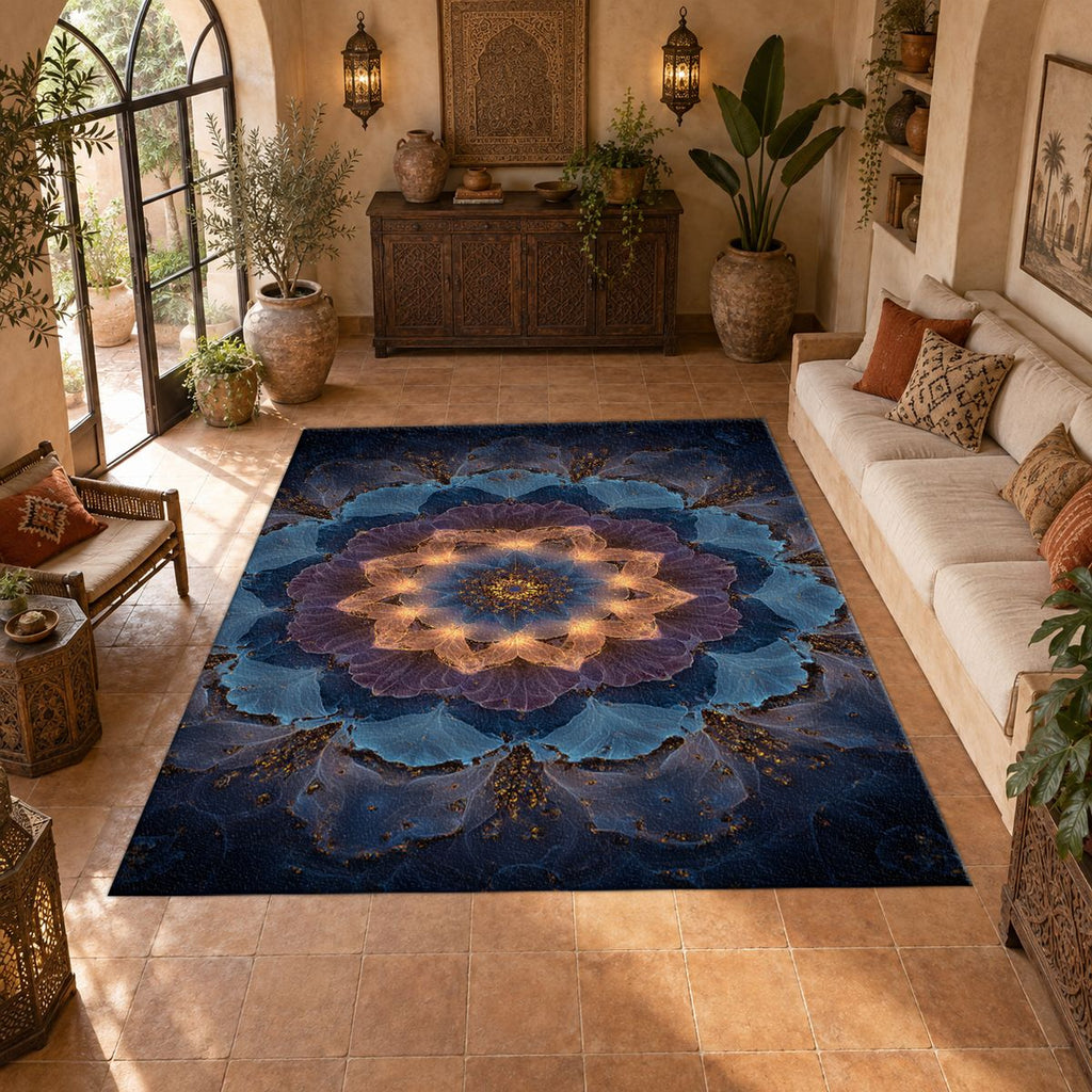 Blue Lotus Mandala Glow printed area rug