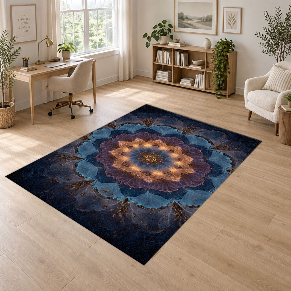 Blue Lotus Mandala Glow printed area rug