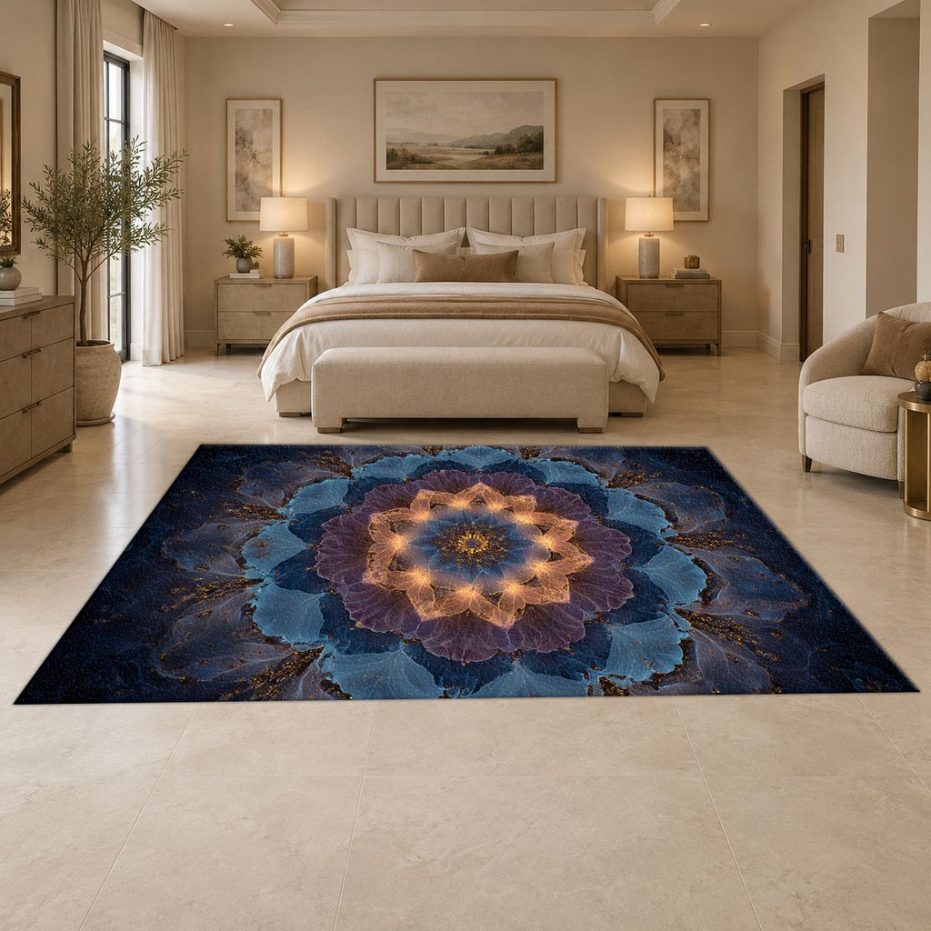 Blue Lotus Mandala Glow printed area rug