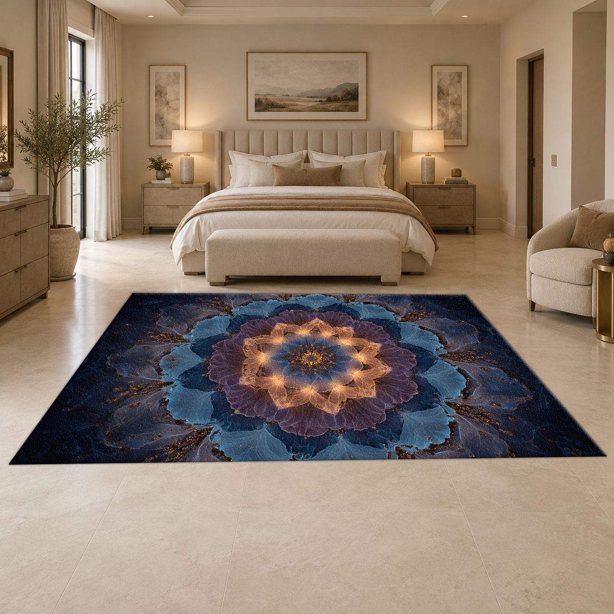 Blue Lotus Mandala Glow printed area rug