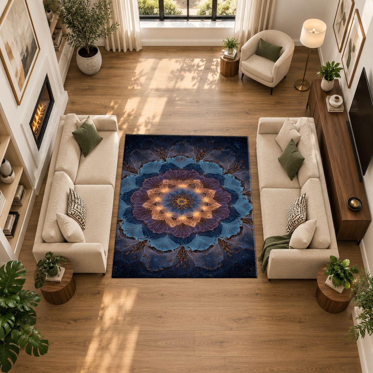 Blue Lotus Mandala Glow printed area rug