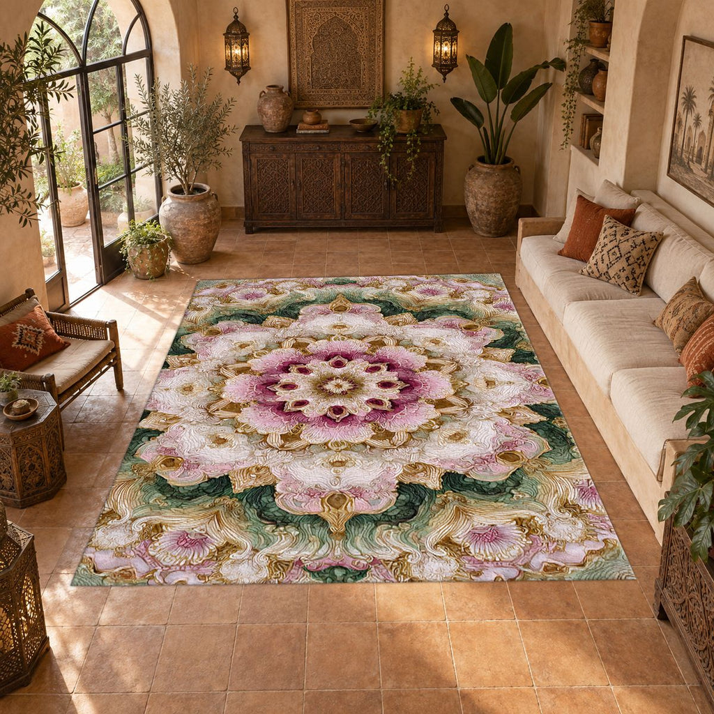 Pink and Sage Floral Mandala printed area rug