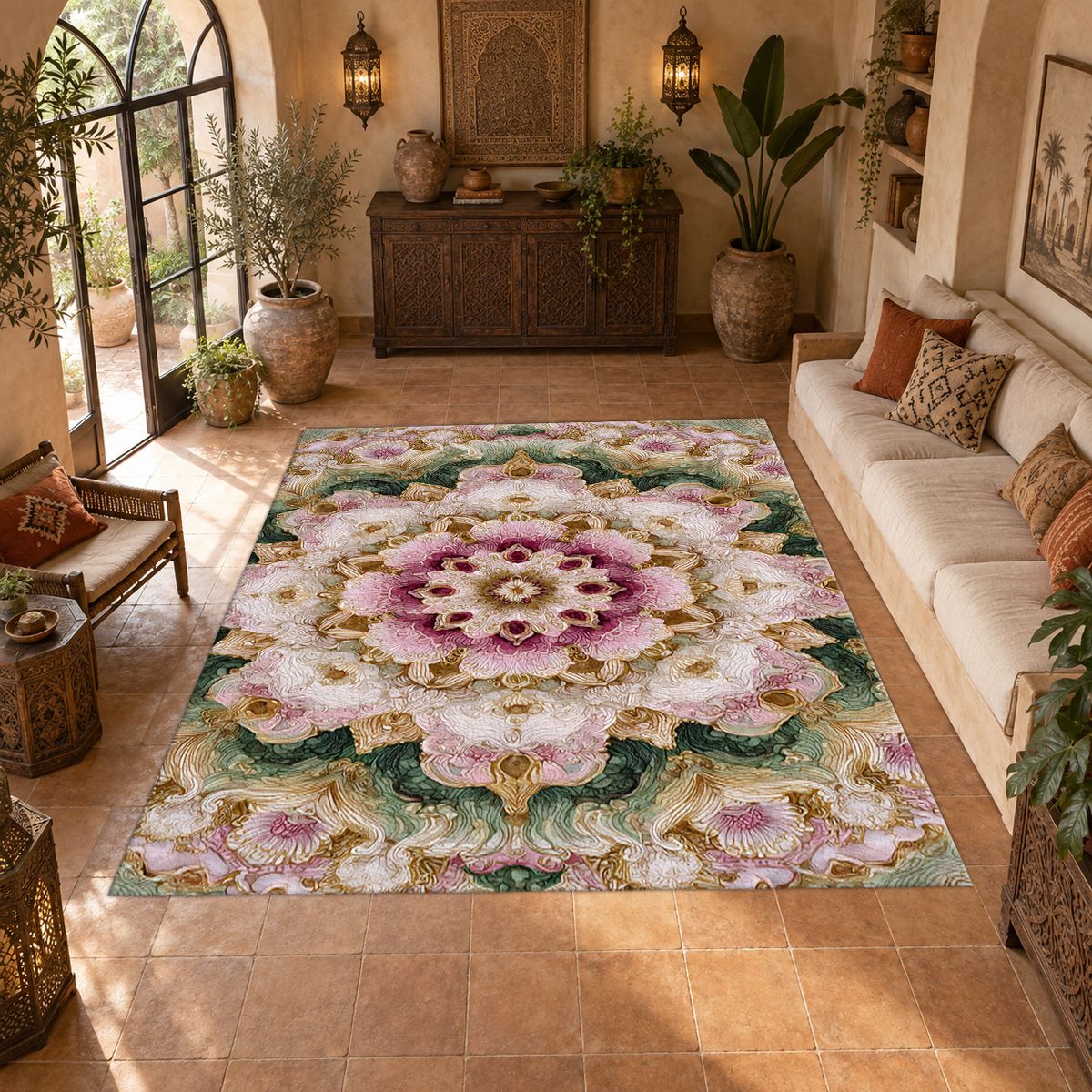 Pink and Sage Floral Mandala printed area rug