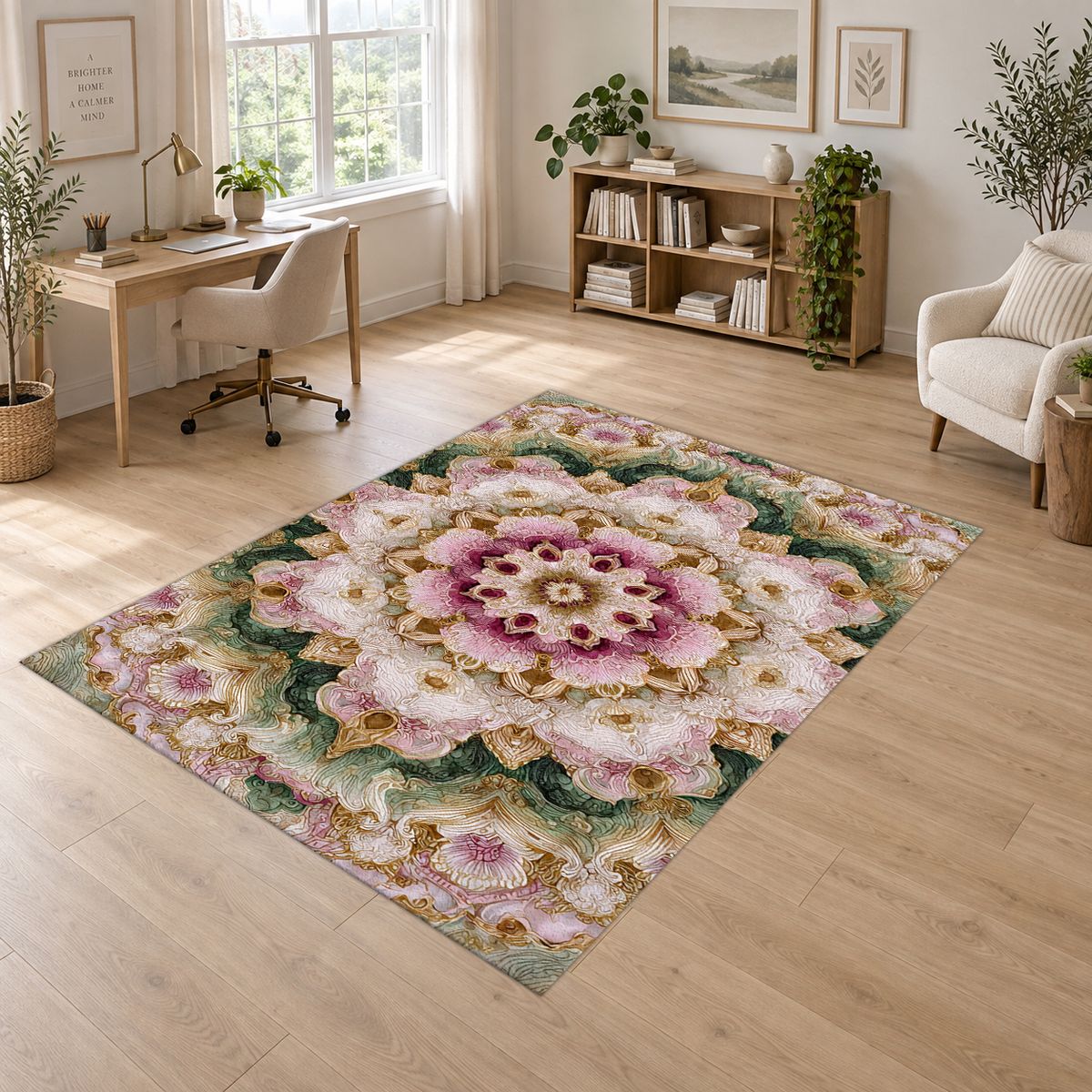 Pink and Sage Floral Mandala printed area rug