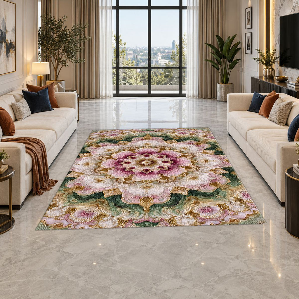 Pink and Sage Floral Mandala printed area rug