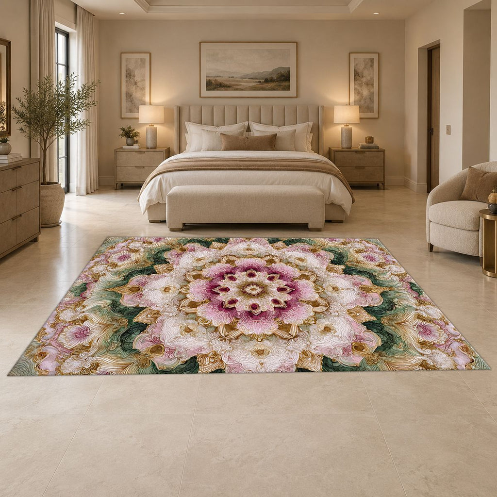 Pink and Sage Floral Mandala printed area rug
