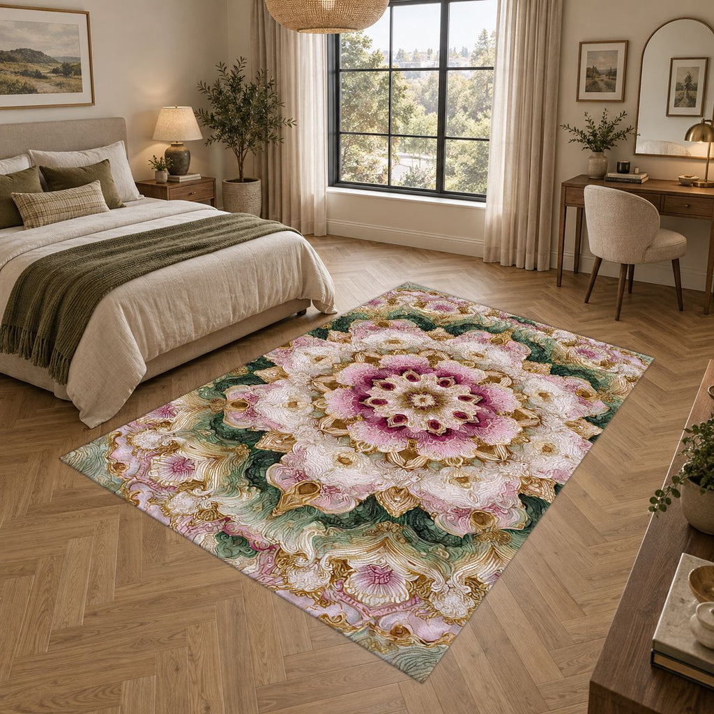 Pink and Sage Floral Mandala printed area rug