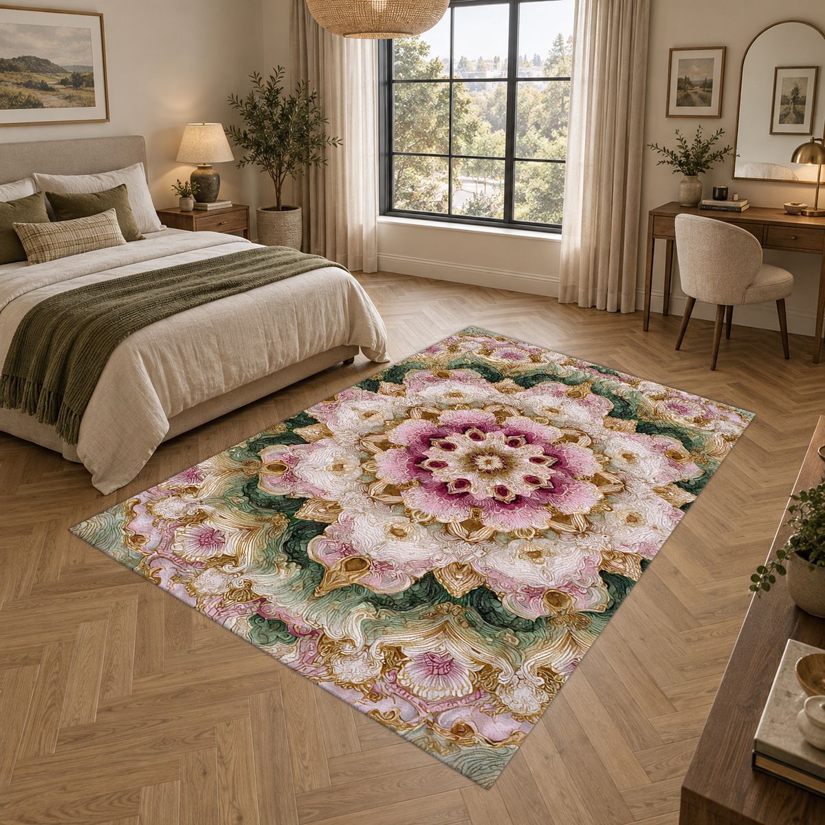 Pink and Sage Floral Mandala printed area rug