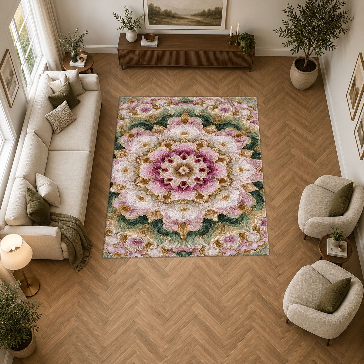 Pink and Sage Floral Mandala printed area rug
