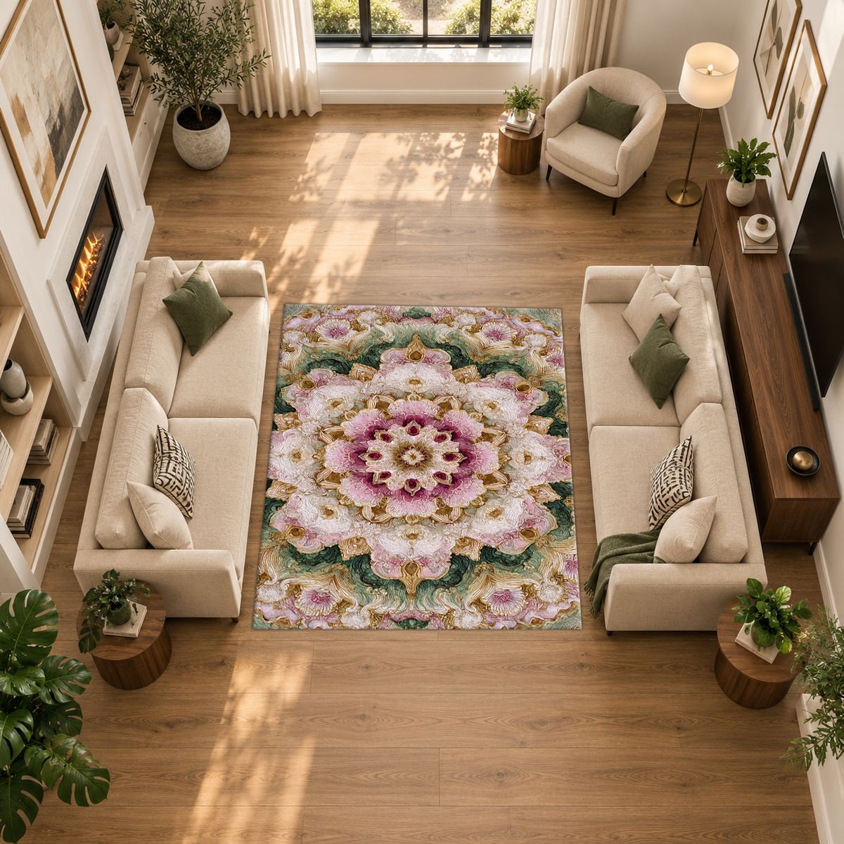Pink and Sage Floral Mandala printed area rug