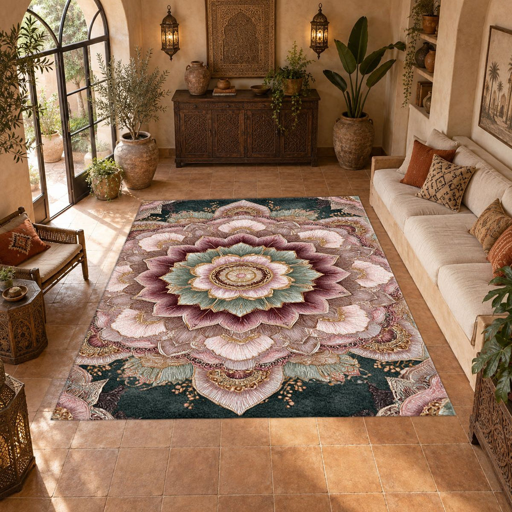 Blush Pink Lotus Mandala printed area rug