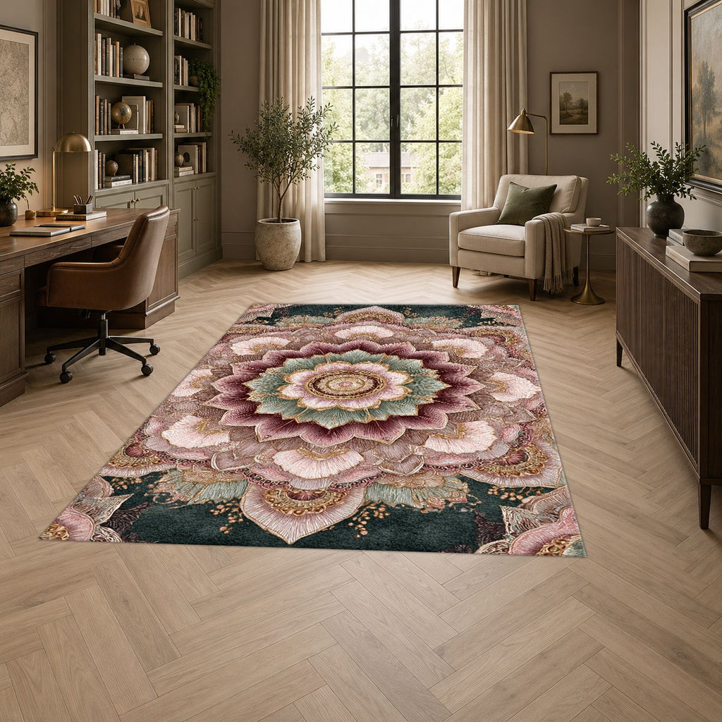 Blush Pink Lotus Mandala printed area rug