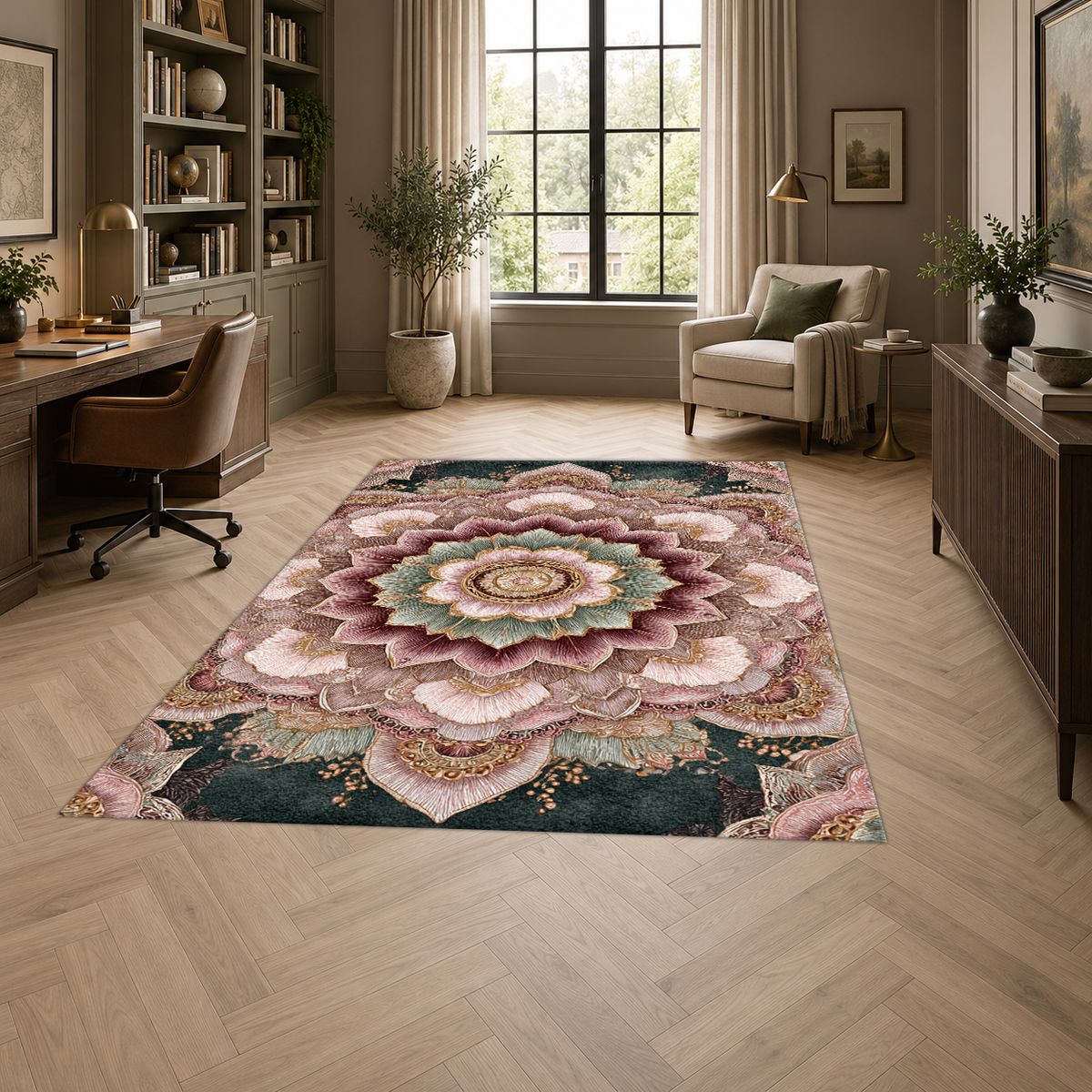 Blush Pink Lotus Mandala printed area rug
