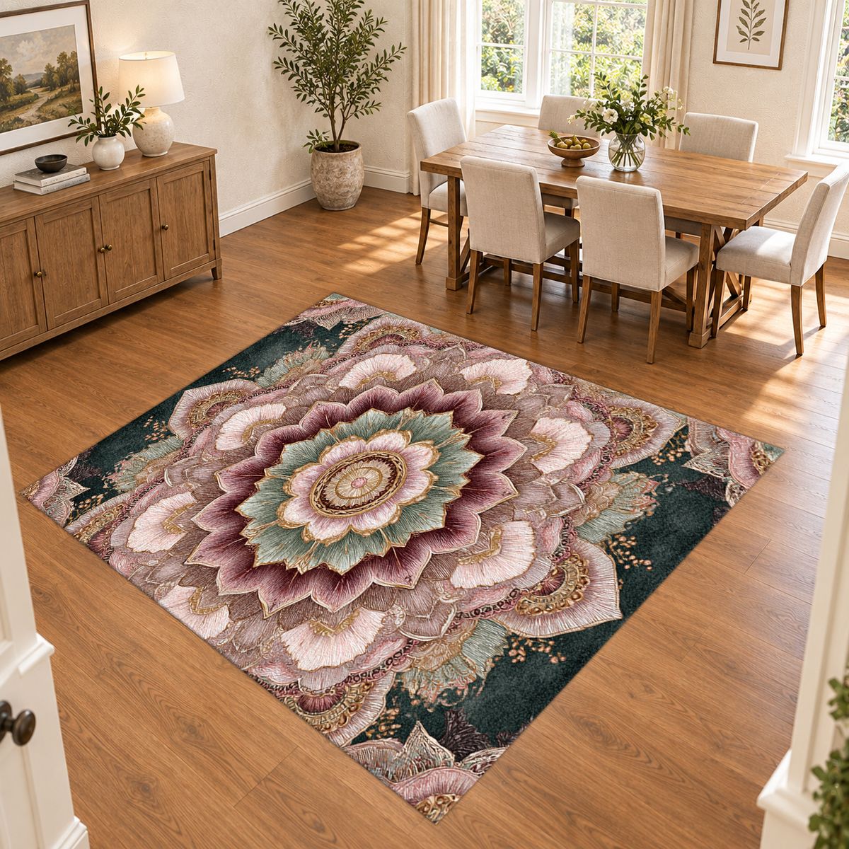 Blush Pink Lotus Mandala printed area rug