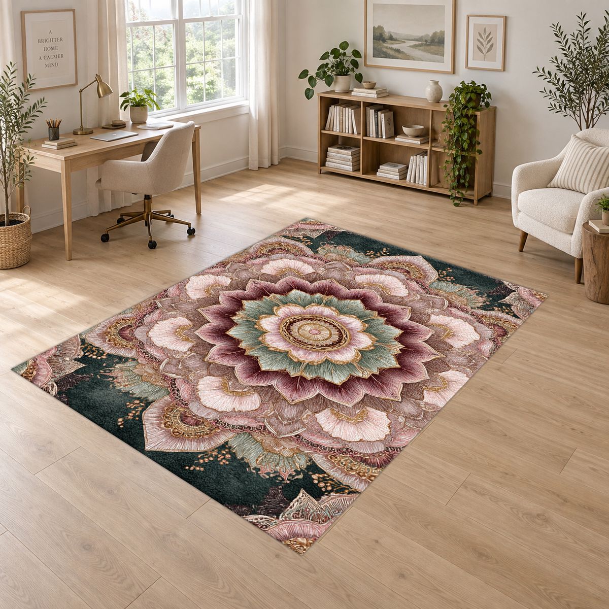 Blush Pink Lotus Mandala printed area rug