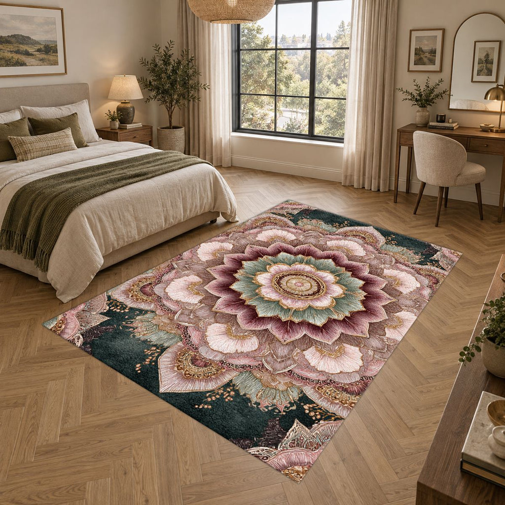 Blush Pink Lotus Mandala printed area rug