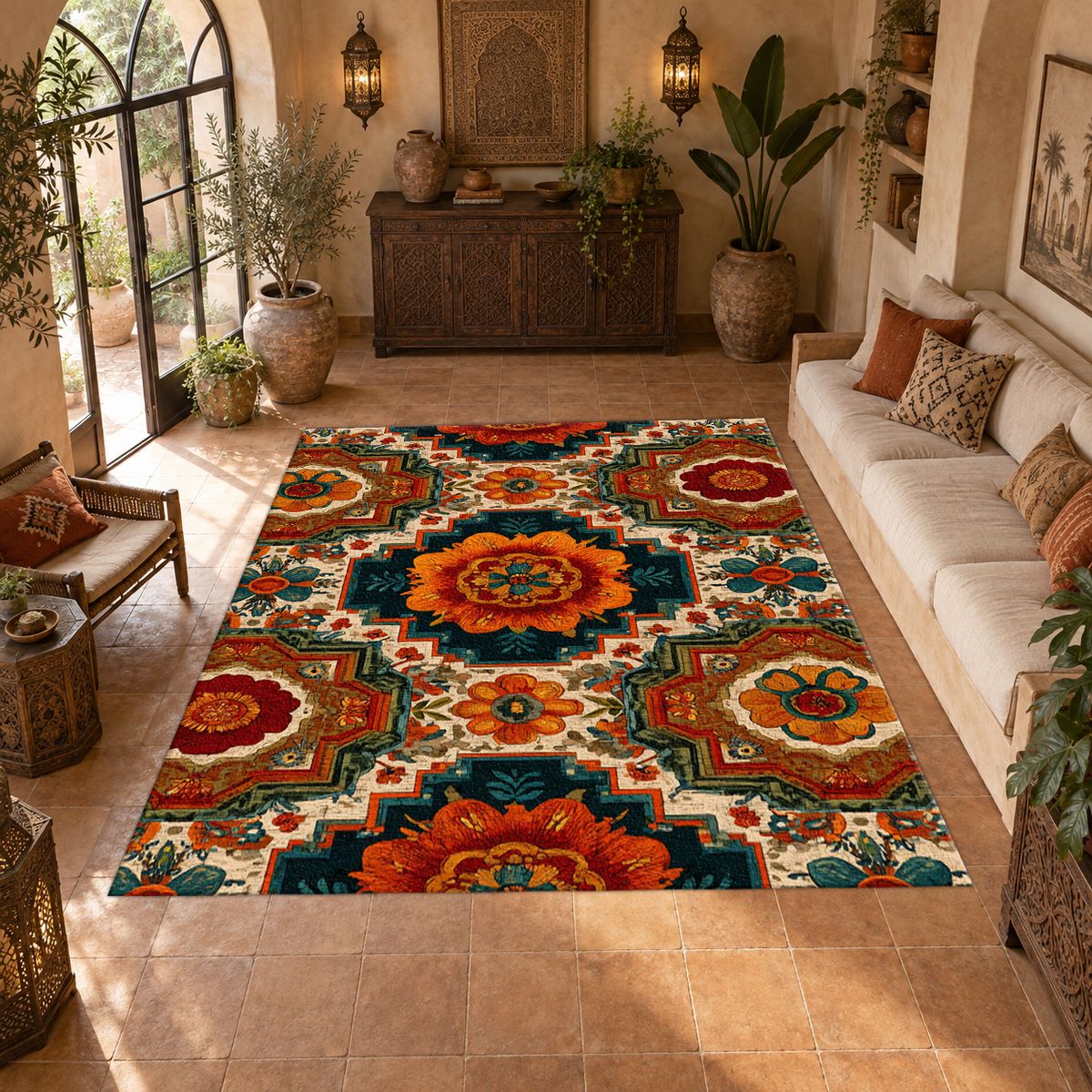 Orange Retro Floral Medallion printed area rug