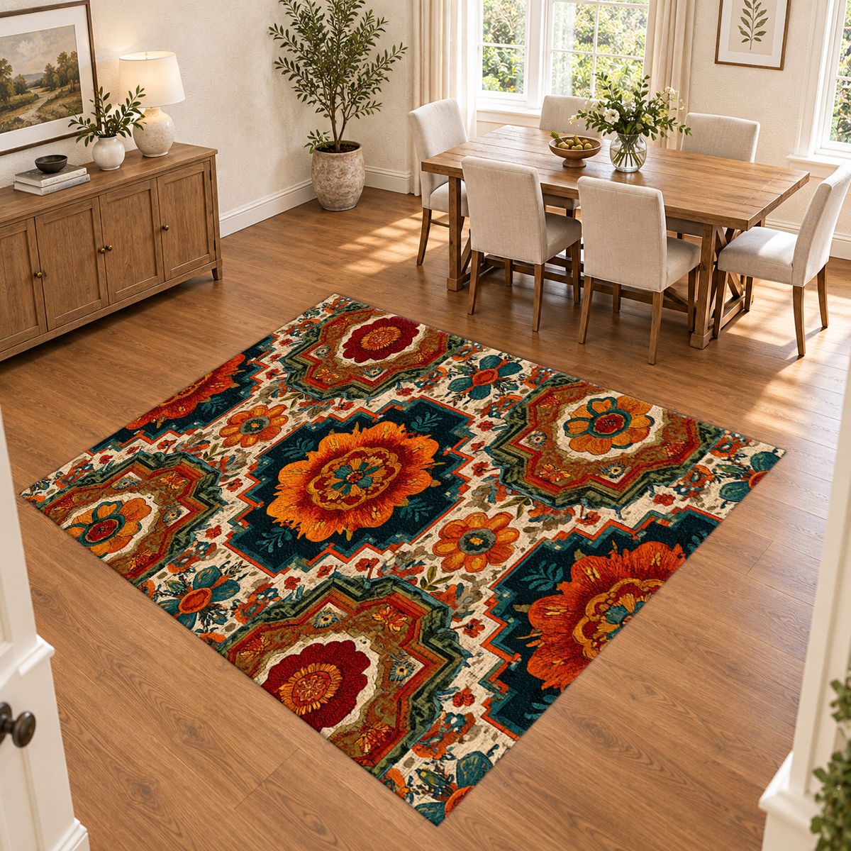 Orange Retro Floral Medallion printed area rug