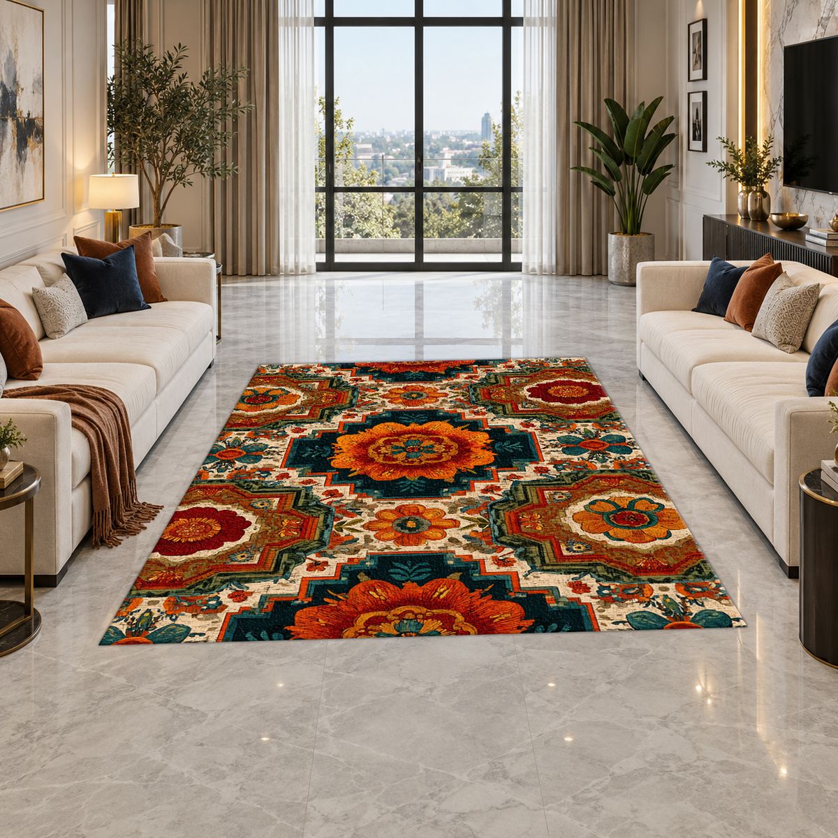 Orange Retro Floral Medallion printed area rug