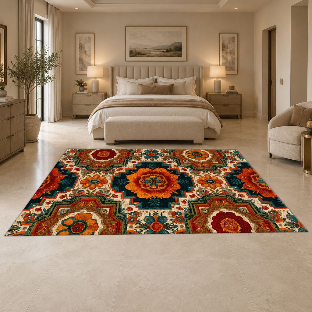 Orange Retro Floral Medallion printed area rug