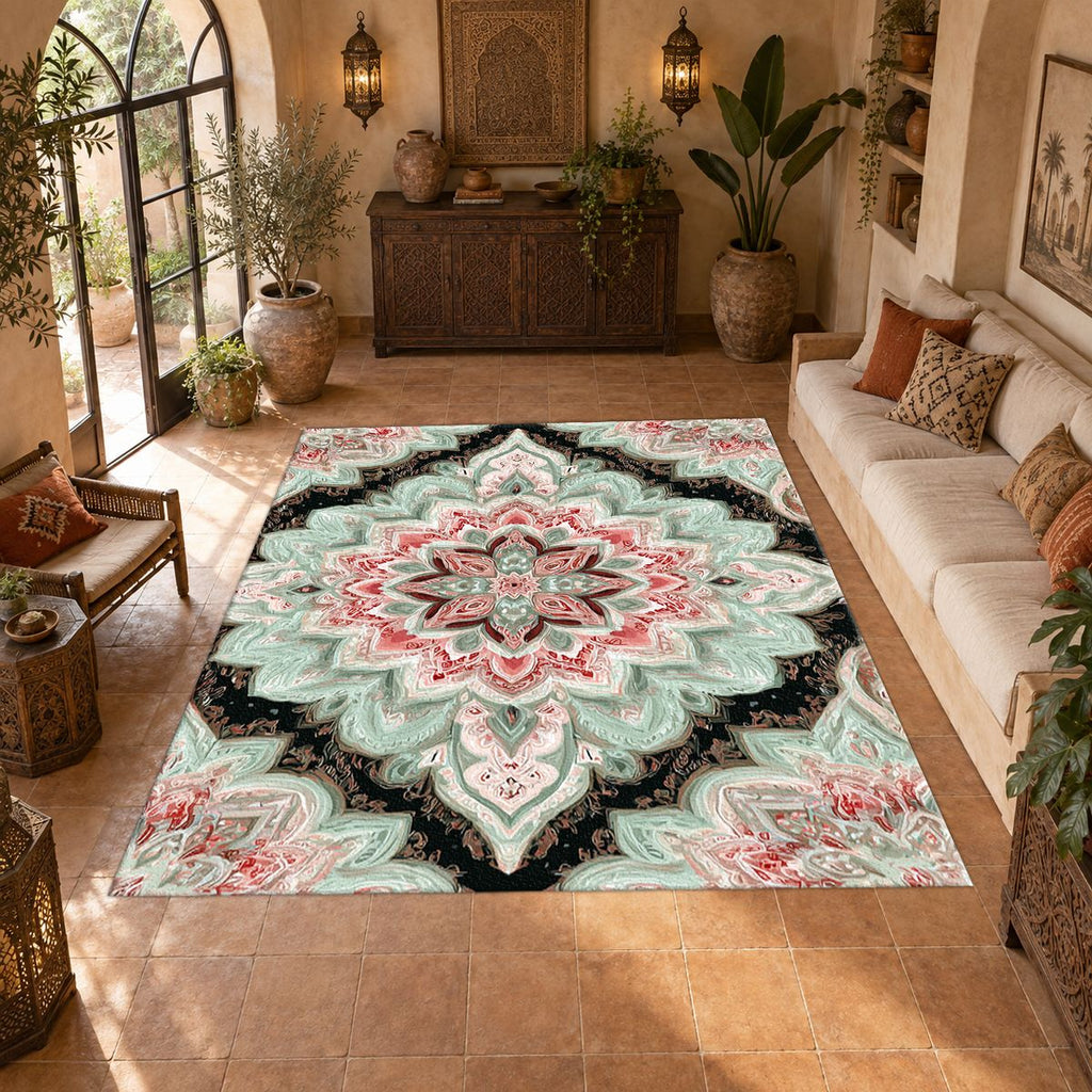 Mint and Black Diamond Medallion printed area rug