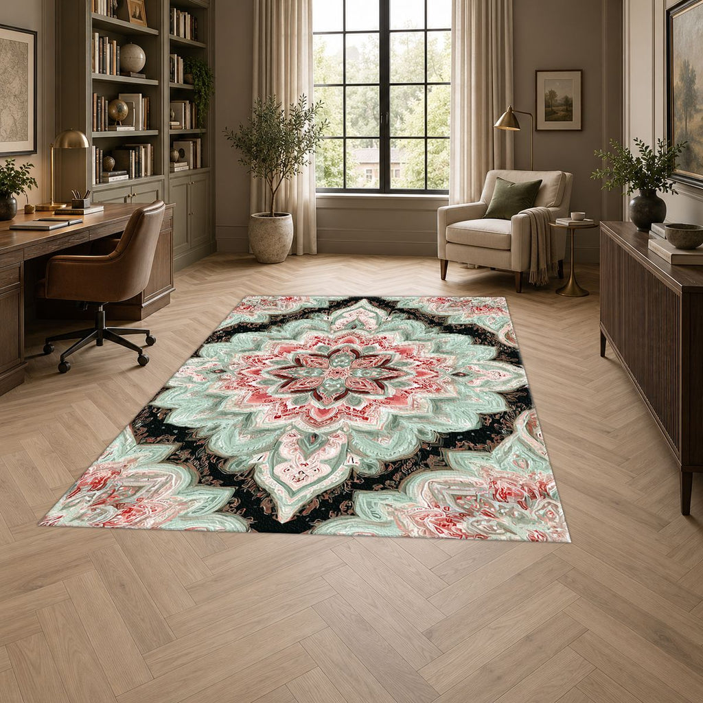 Mint and Black Diamond Medallion printed area rug