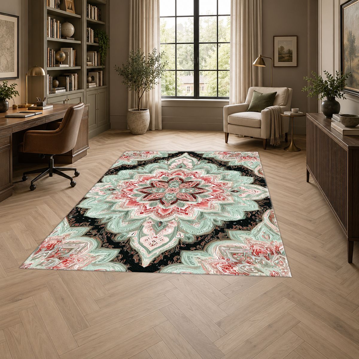 Mint and Black Diamond Medallion printed area rug