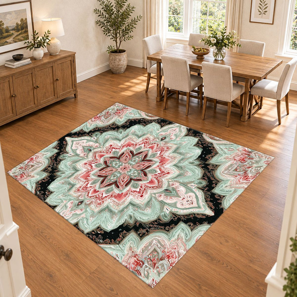 Mint and Black Diamond Medallion printed area rug