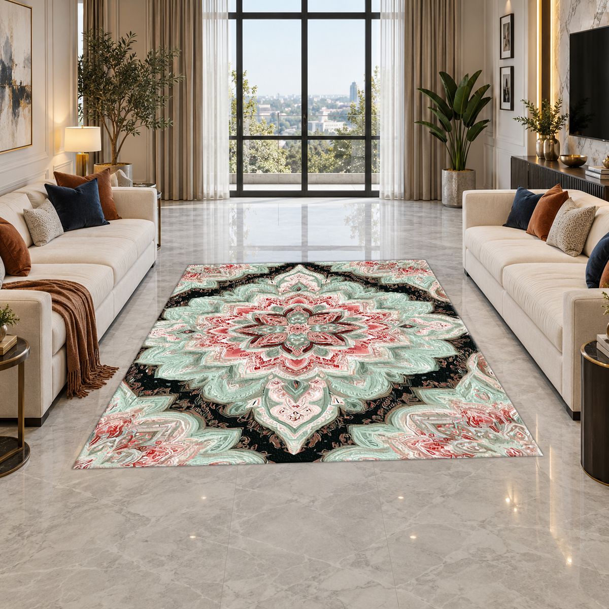 Mint and Black Diamond Medallion printed area rug