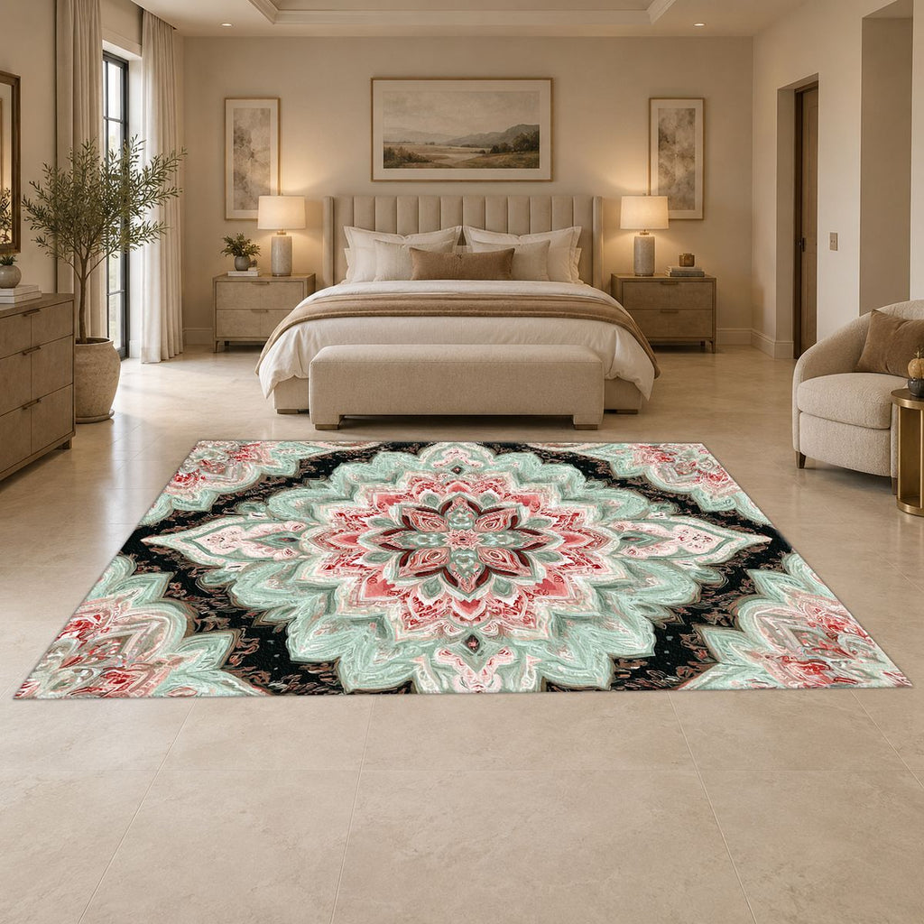 Mint and Black Diamond Medallion printed area rug