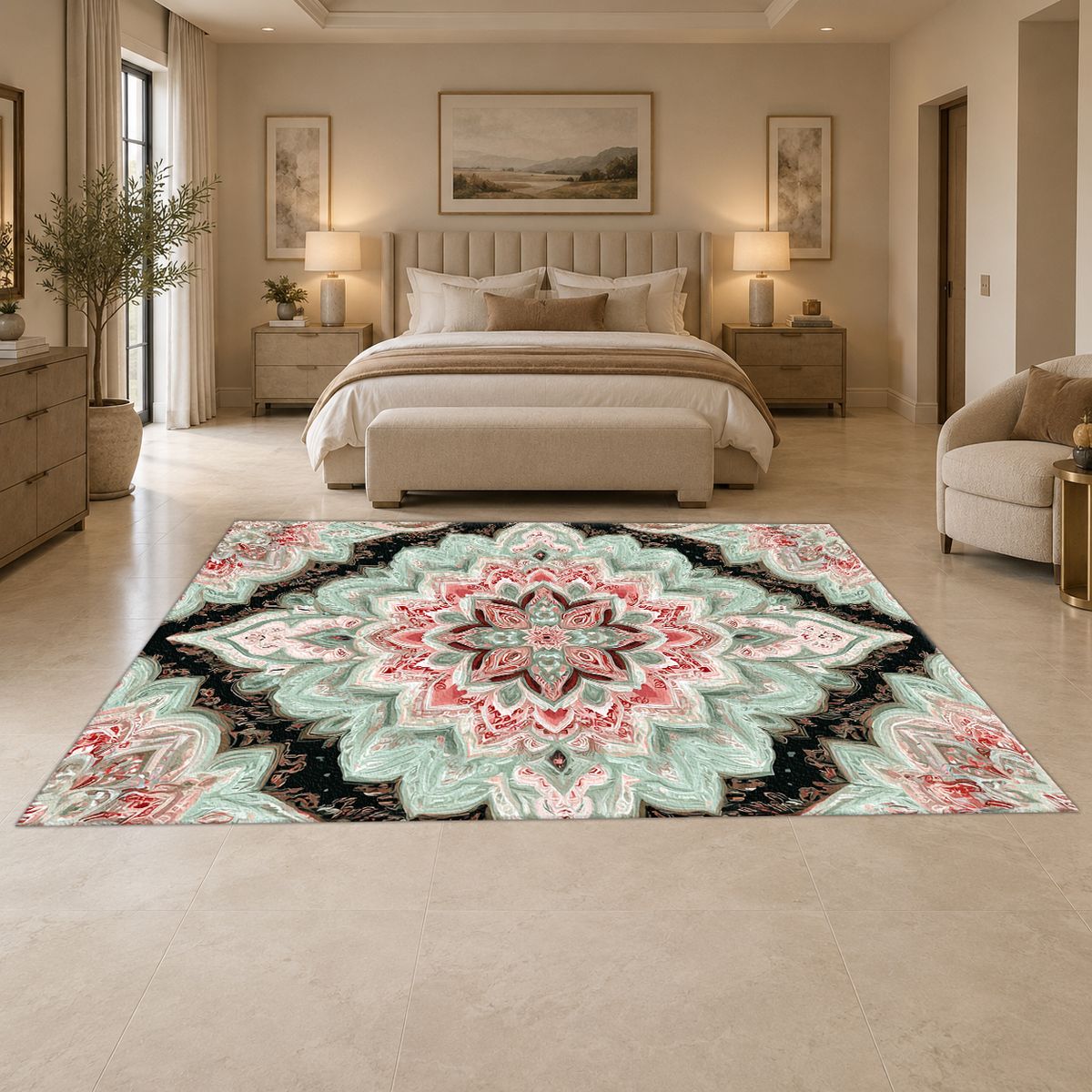 Mint and Black Diamond Medallion printed area rug