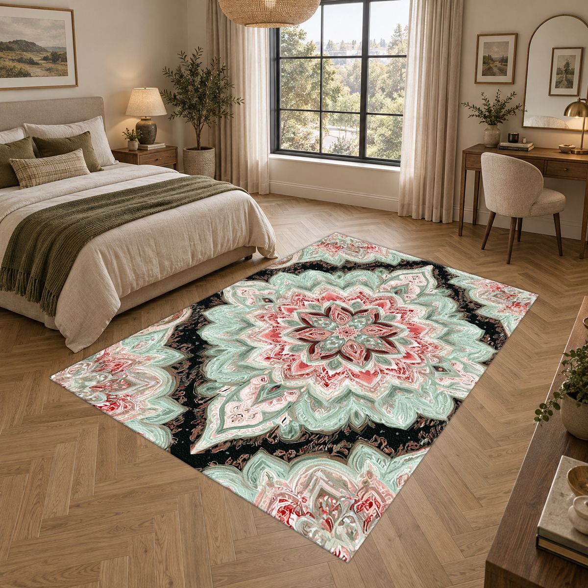 Mint and Black Diamond Medallion printed area rug