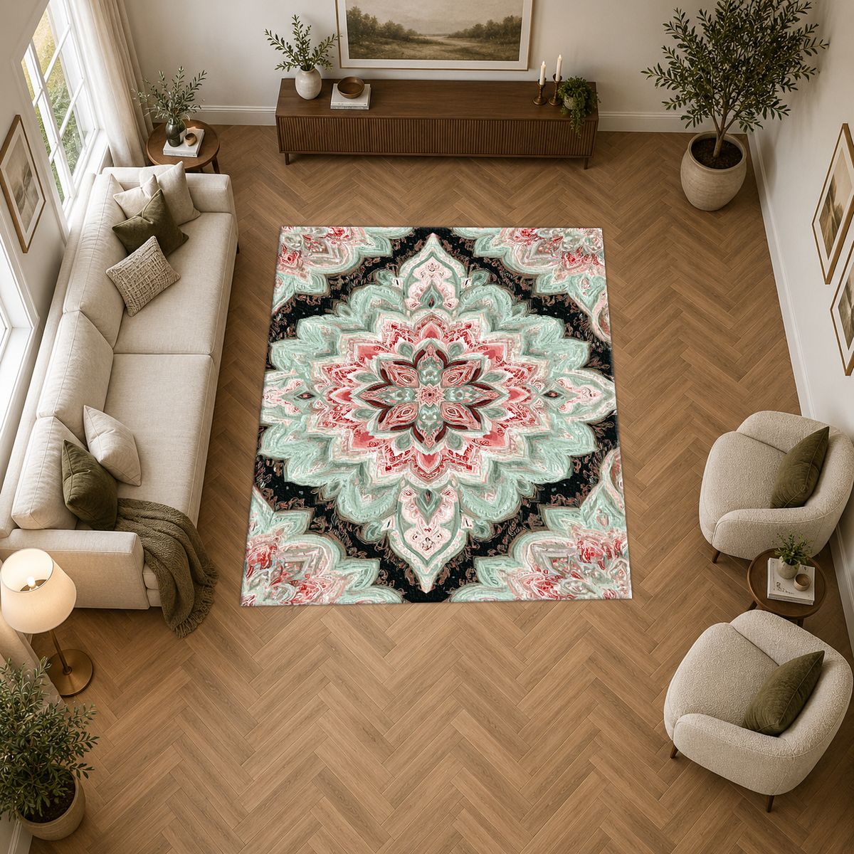 Mint and Black Diamond Medallion printed area rug