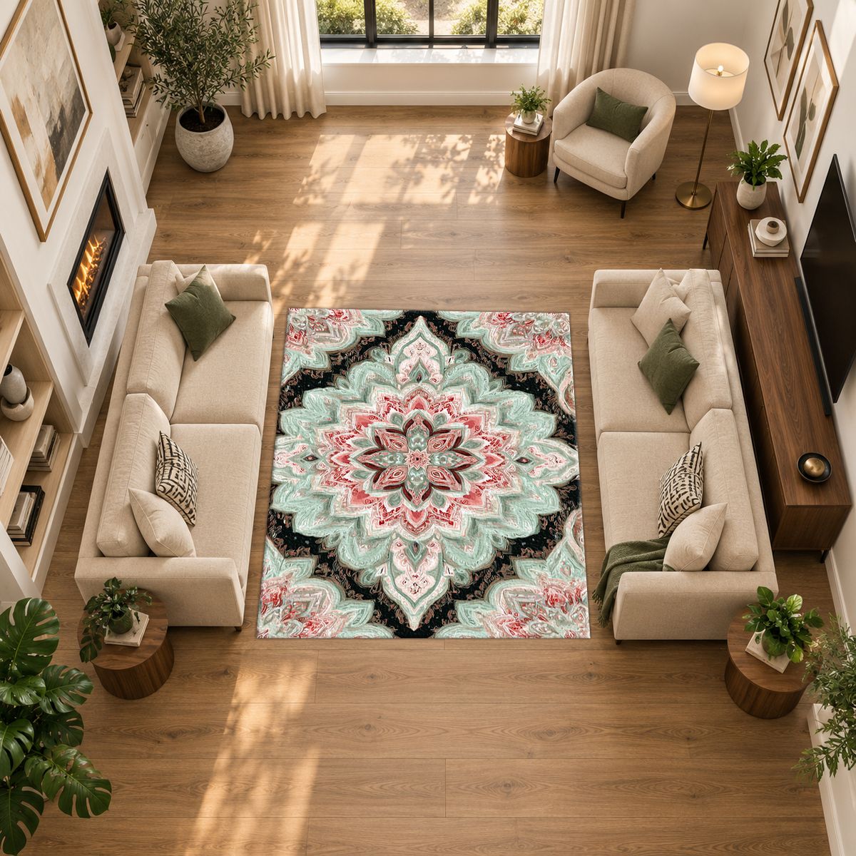 Mint and Black Diamond Medallion printed area rug