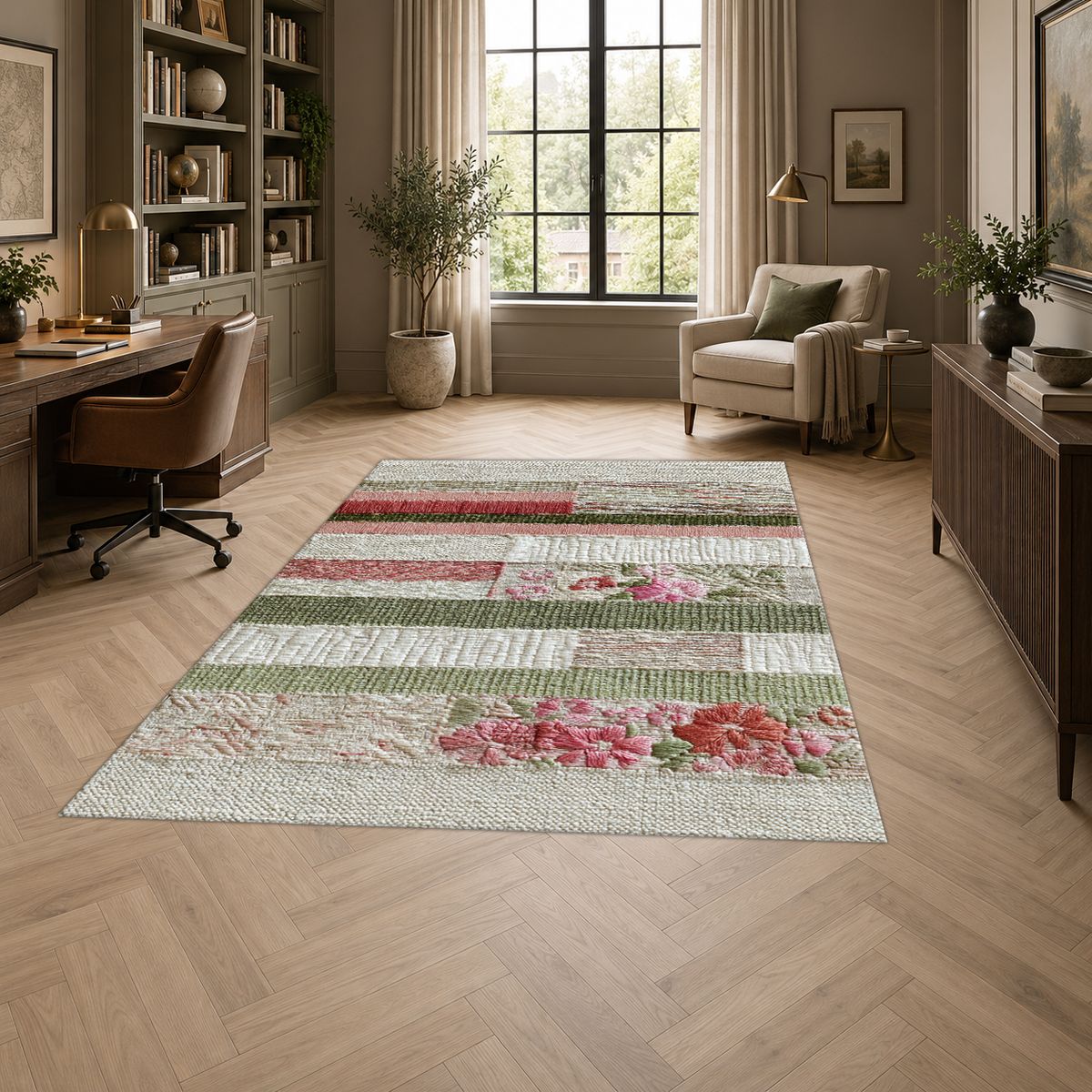 Shabby Chic Rose Striped Patchwork printed area rug