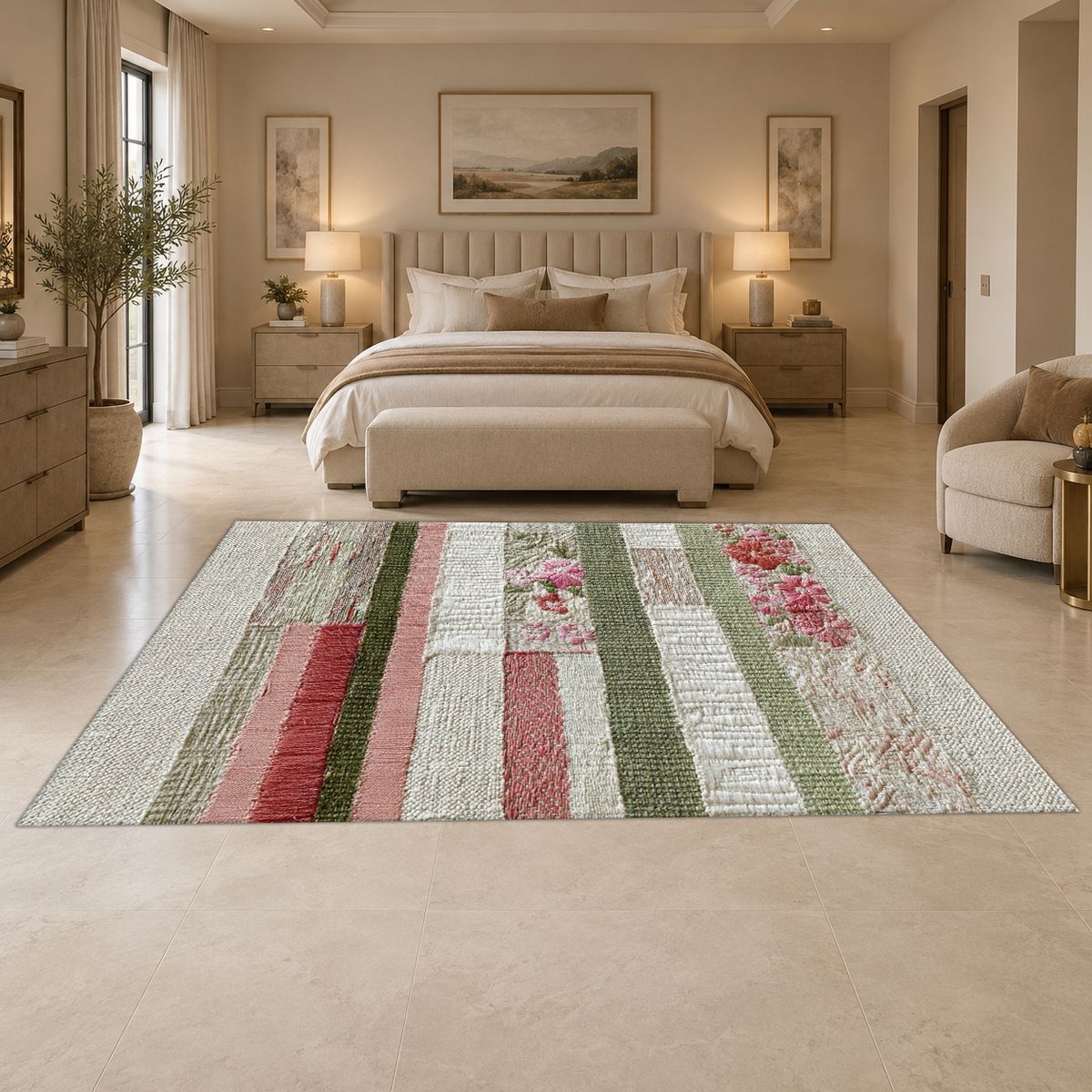 Shabby Chic Rose Striped Patchwork printed area rug