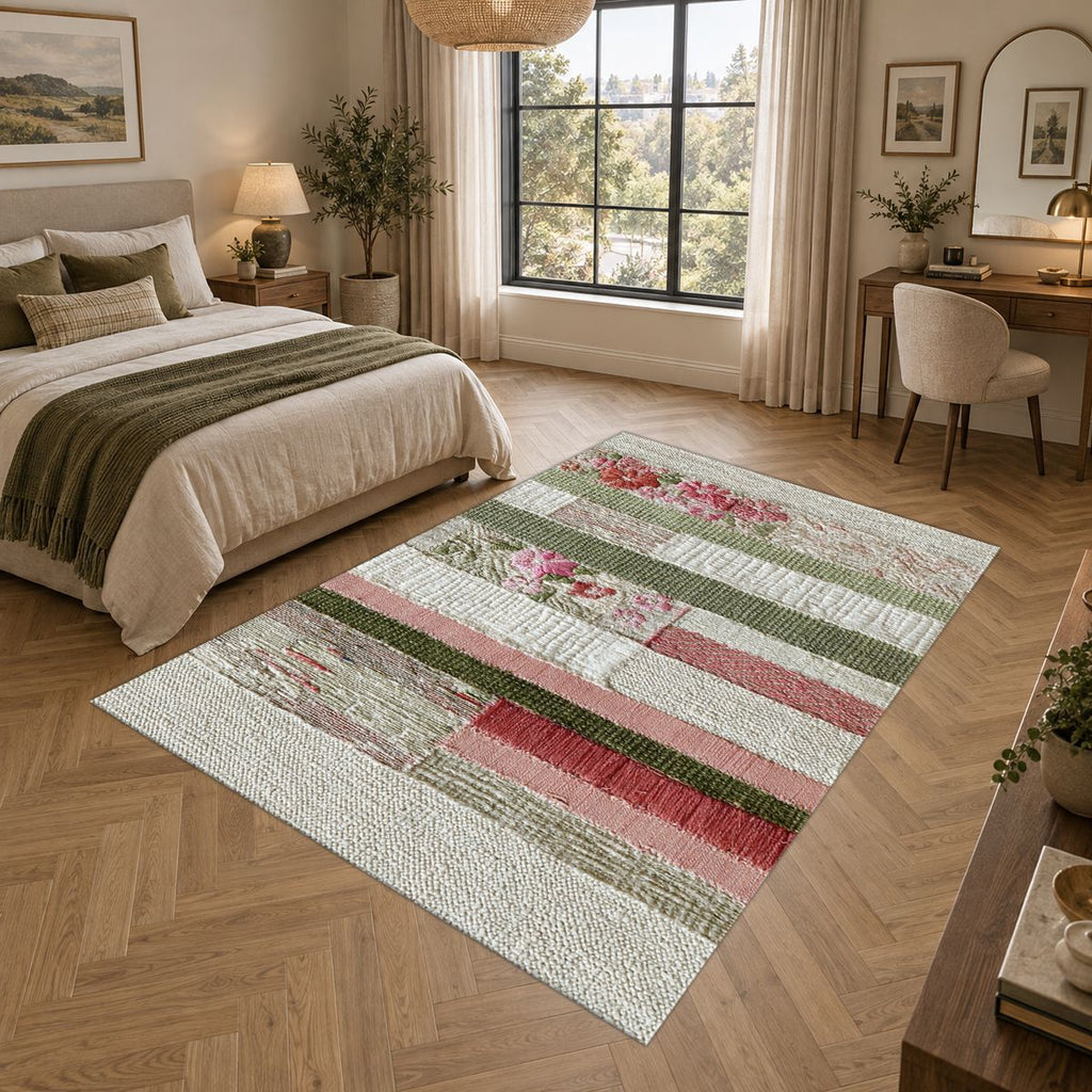 Shabby Chic Rose Striped Patchwork printed area rug