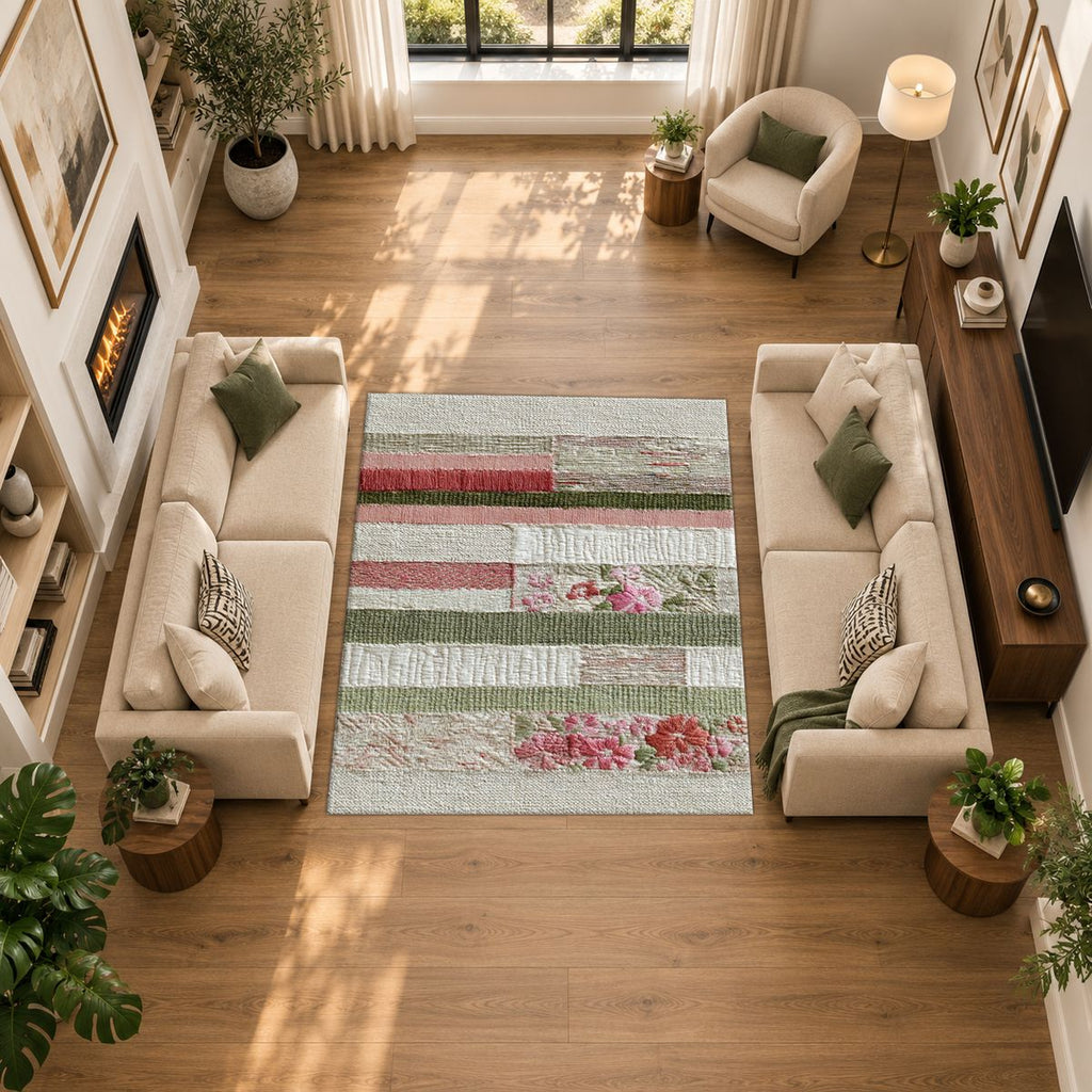 Shabby Chic Rose Striped Patchwork printed area rug