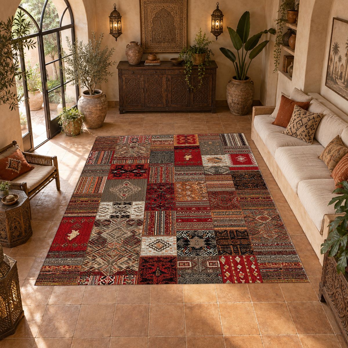 Red Turkish Kilim Patchwork printed area rug