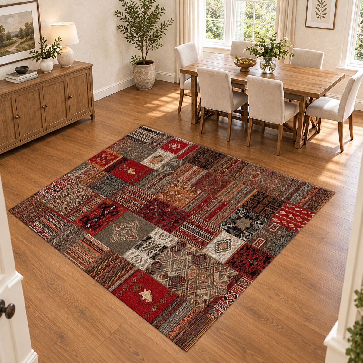 Red Turkish Kilim Patchwork printed area rug
