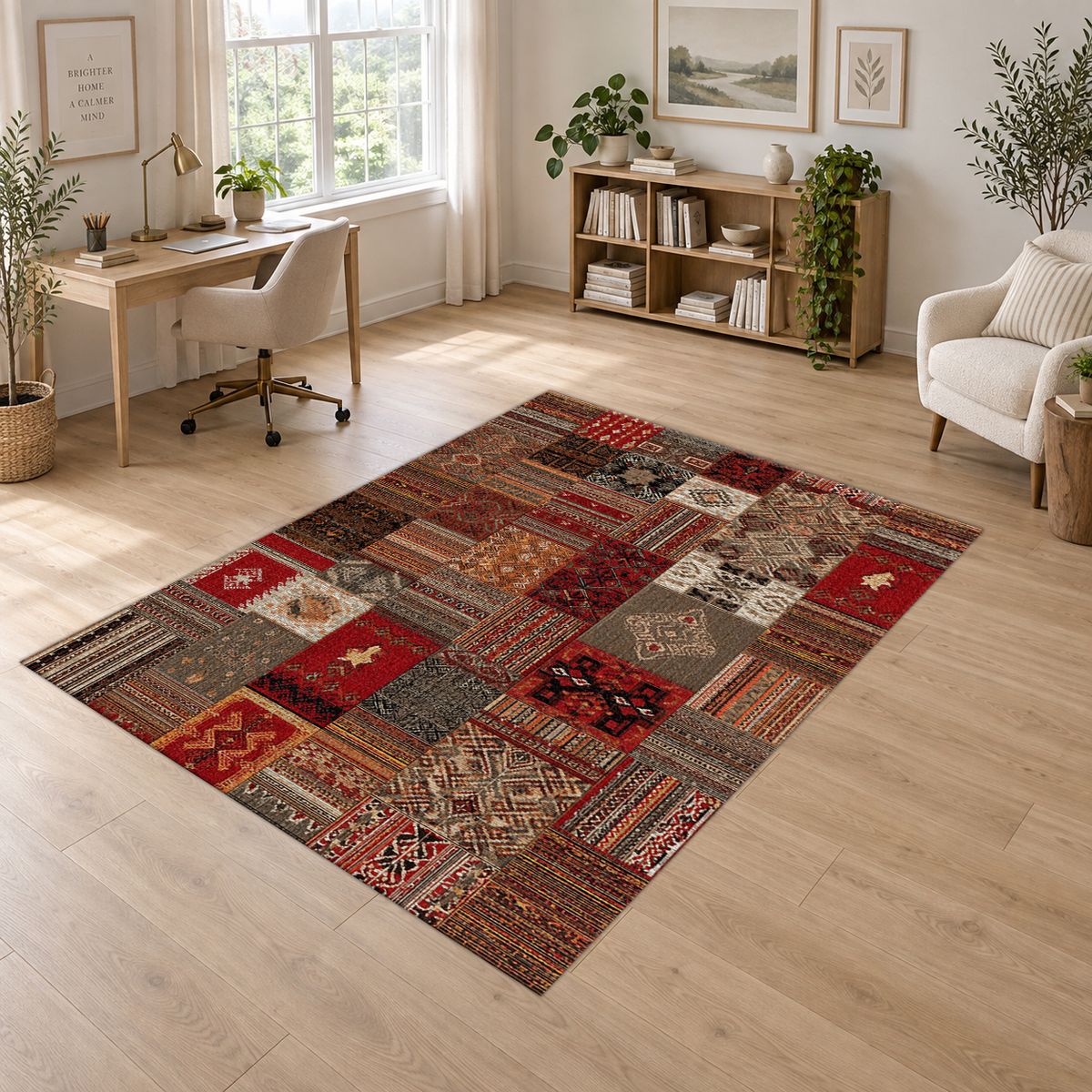 Red Turkish Kilim Patchwork printed area rug