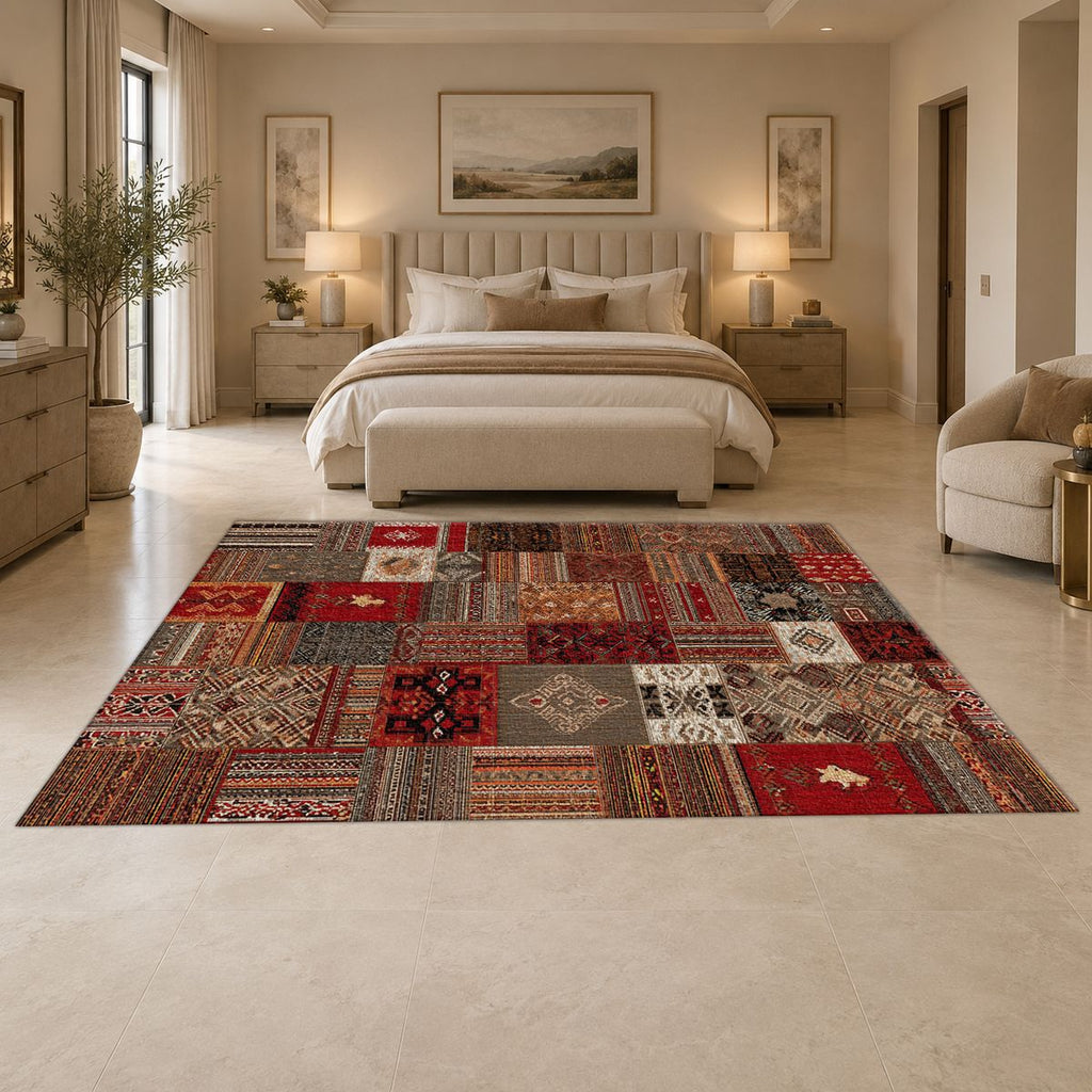 Red Turkish Kilim Patchwork printed area rug