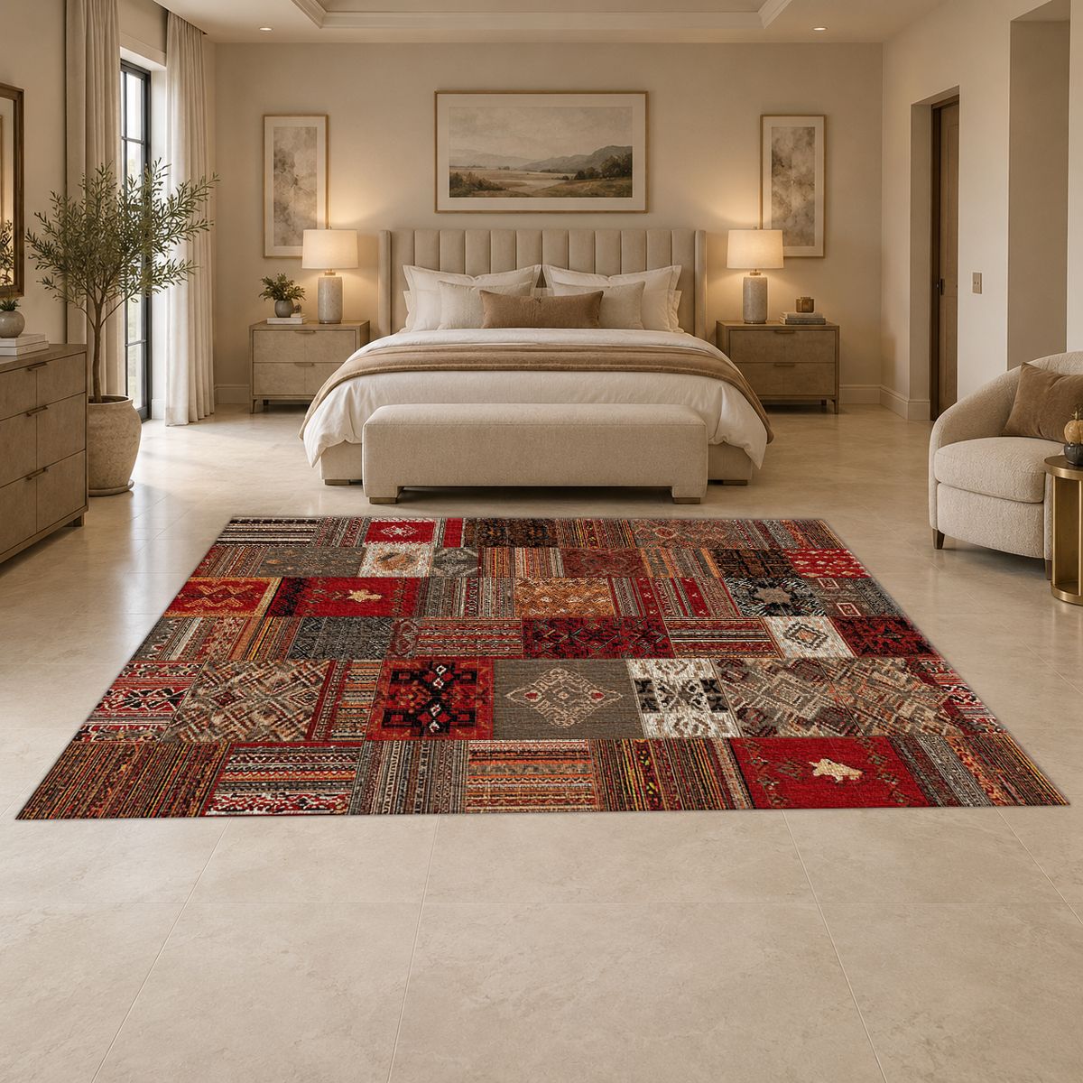 Red Turkish Kilim Patchwork printed area rug