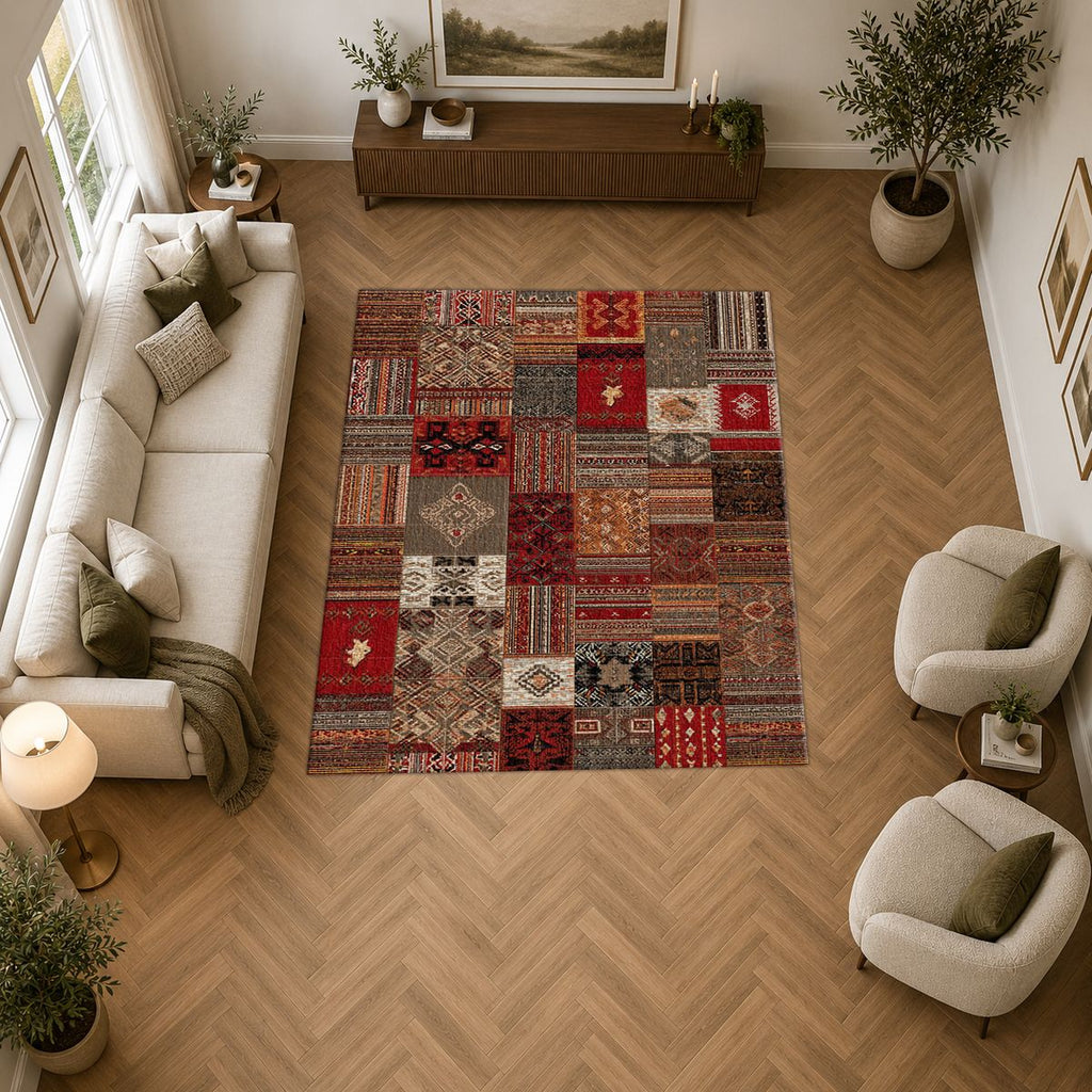 Red Turkish Kilim Patchwork printed area rug