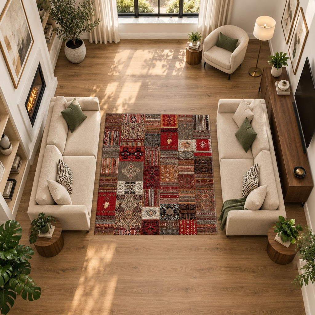 Red Turkish Kilim Patchwork printed area rug