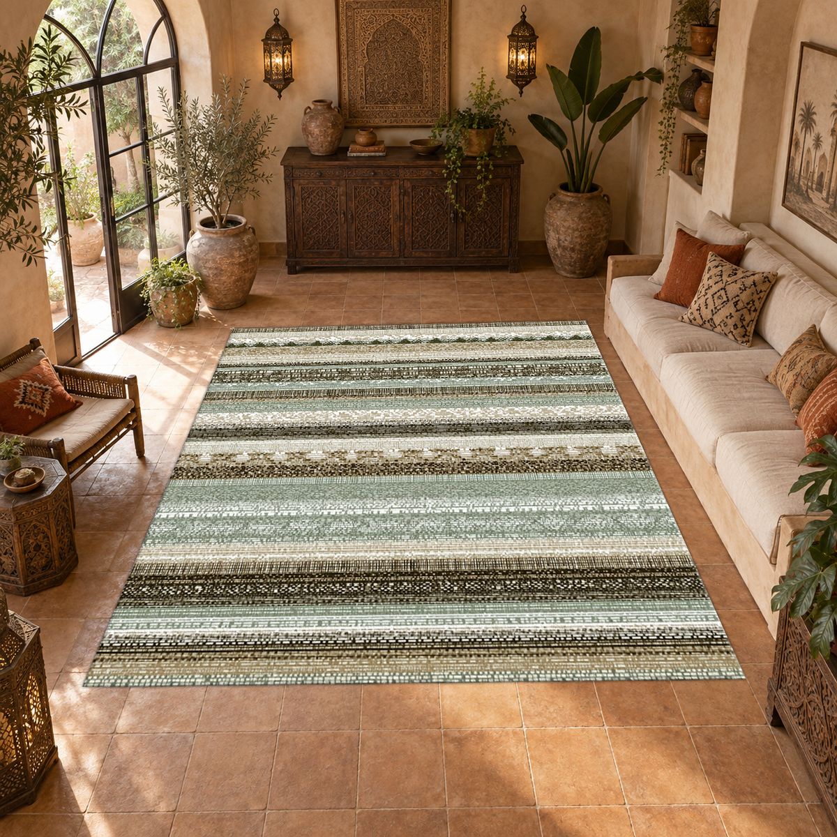 Sage and Cream Striped Woven printed area rug