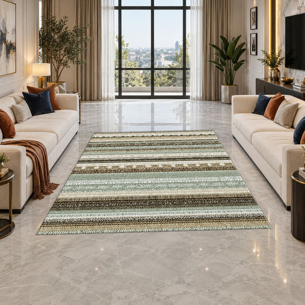 Sage and Cream Striped Woven printed area rug
