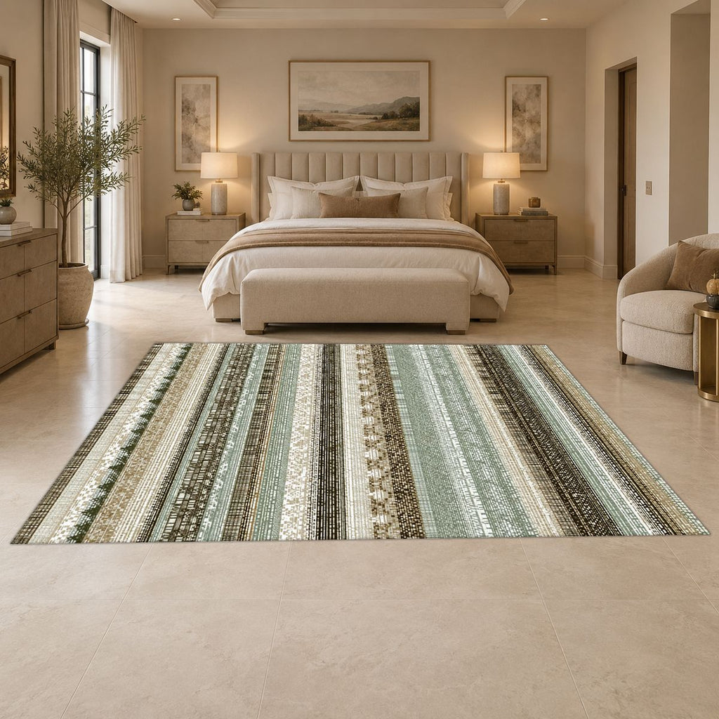 Sage and Cream Striped Woven printed area rug