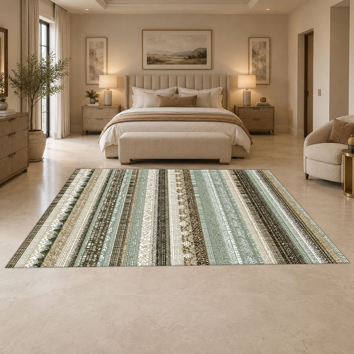 Sage and Cream Striped Woven printed area rug